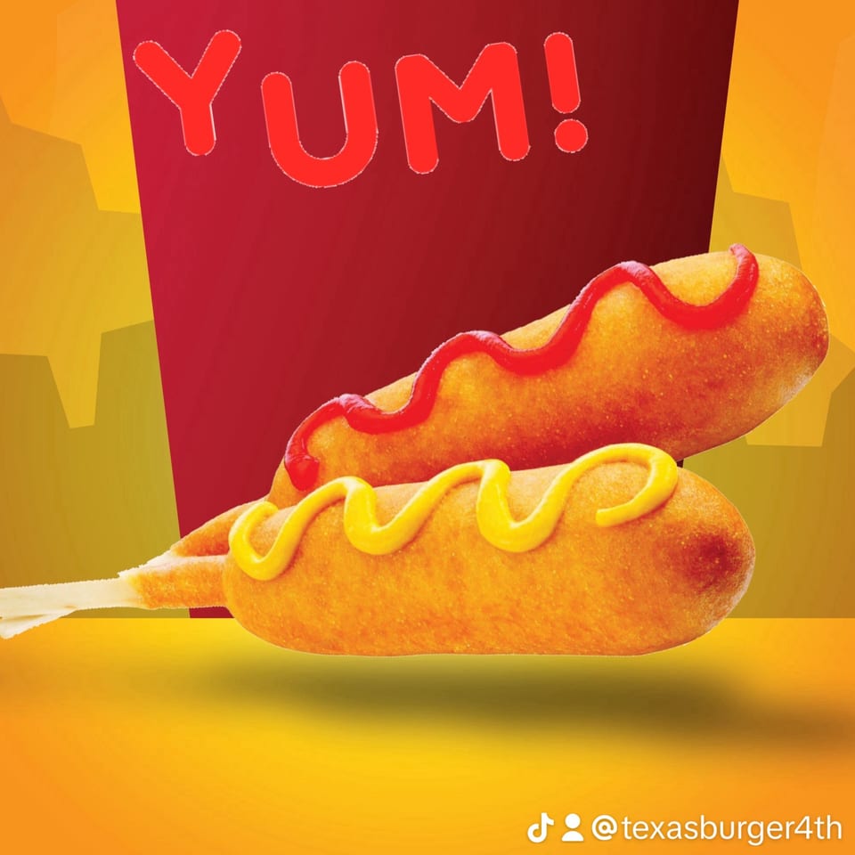 Two Texas Burger corn dogs, one with ketchup and one with mustard, against a red and yellow background.