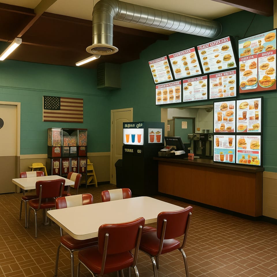 Interior of Texas Burger Drive-In with red and white tables, menu boards, and an American flag.