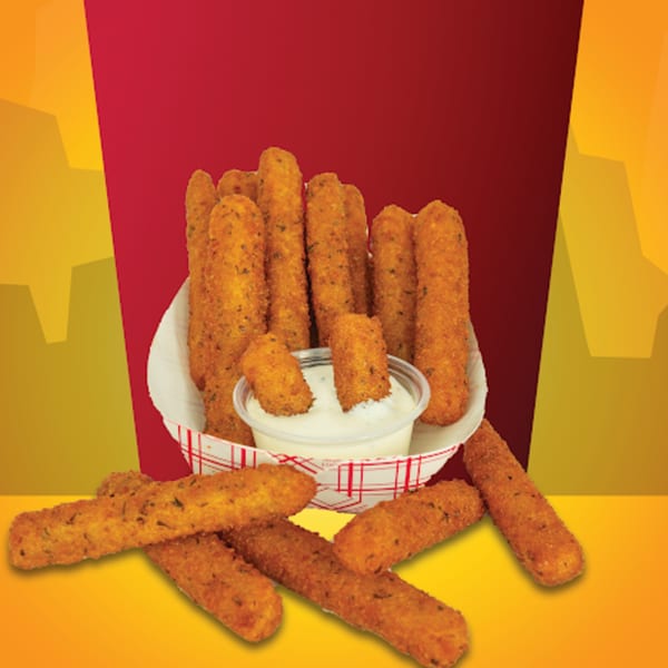 Crispy Texas Burger Drive-In mozzarella sticks with ranch dipping sauce in a red and yellow setting.