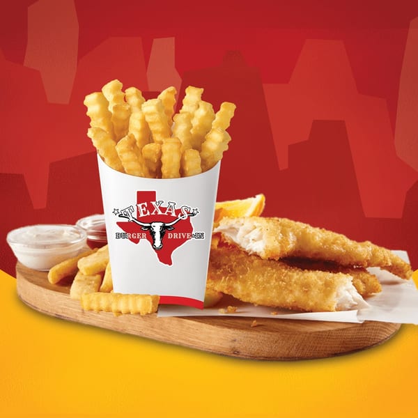 Texas Burger Drive-In crinkle-cut fries in a branded cup, fish strips, and dipping sauces.