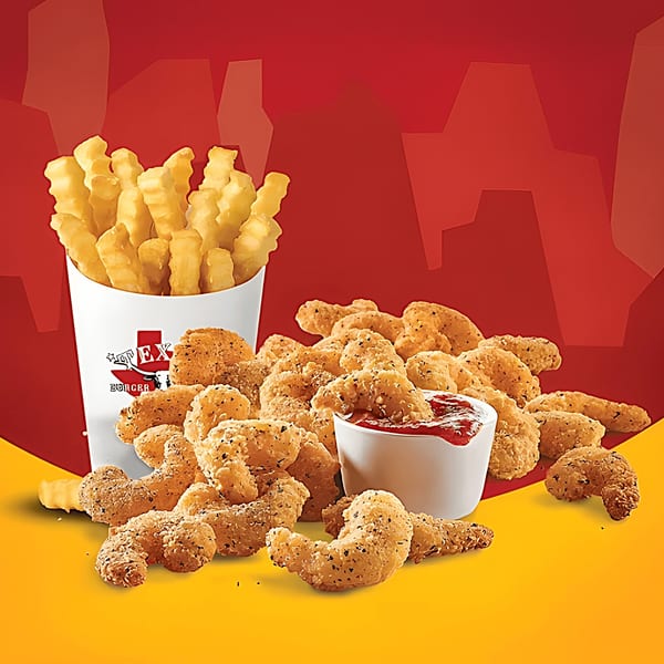 Texas Burger Drive-In fries in a cup, popcorn shrimp, and a dipping sauce on a red and yellow background.