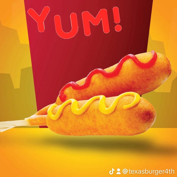 Two Texas Burger corn dogs with ketchup and mustard on a red and yellow background.