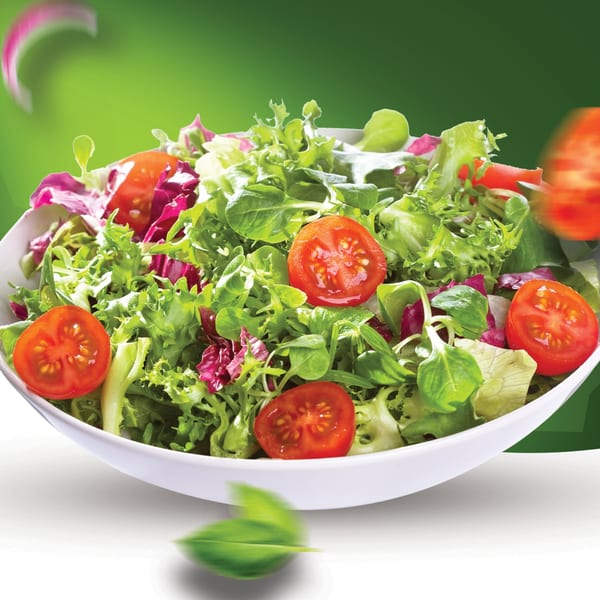 Fresh green and red leaf lettuce salad with sliced cherry tomatoes in a white bowl.