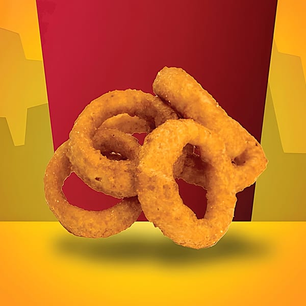Golden-brown, crispy Texas Burger Drive-In onion rings against a red and yellow background.