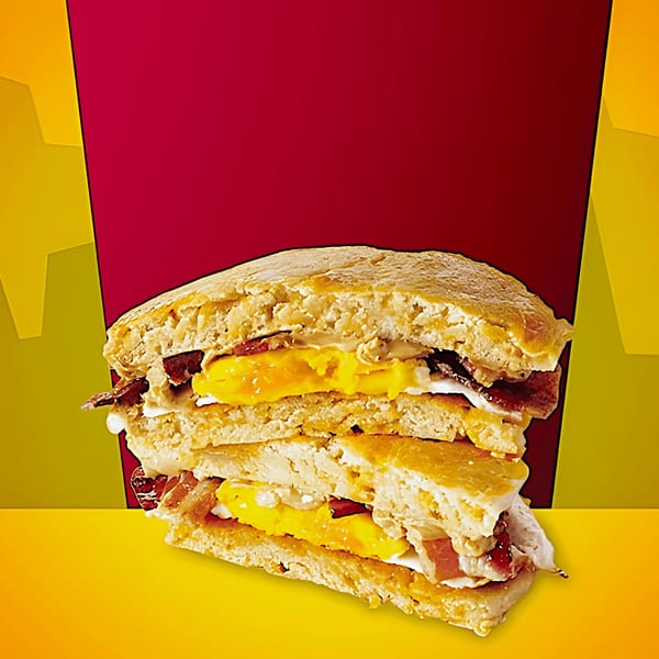 A Texas Burger Drive-In breakfast sandwich with bacon, egg, and cheese on toasted bread.